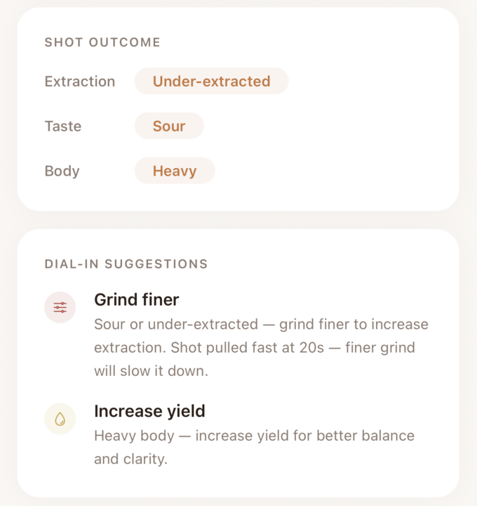 Dialcraft dial-in suggestions modal showing recommended grind and time adjustments