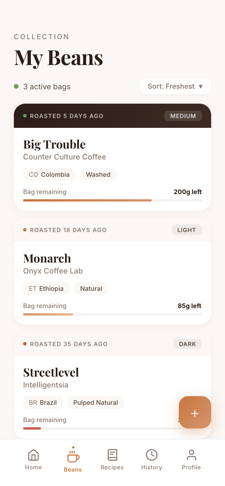 Dialcraft beans screen showing active bag and tasting notes