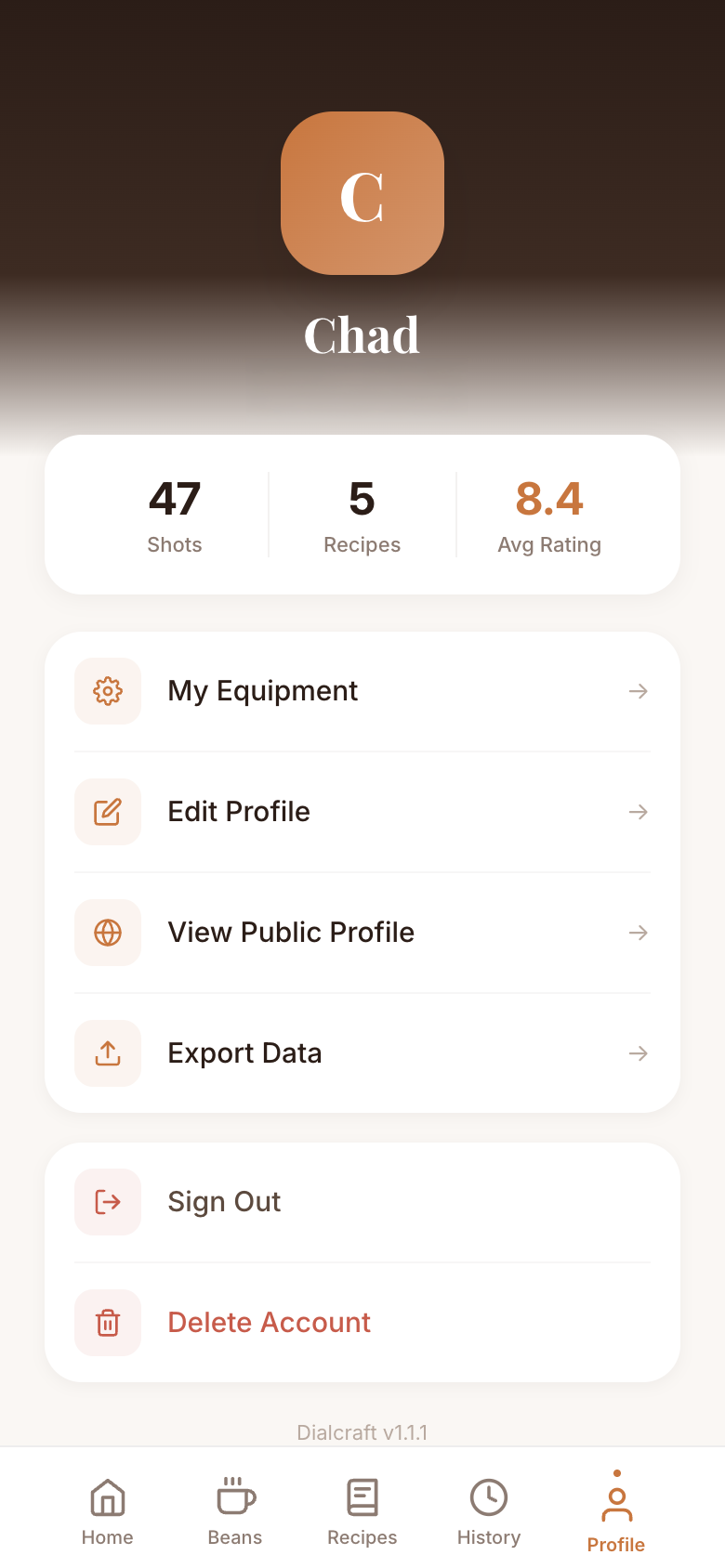 Dialcraft profile screen showing shot history and stats