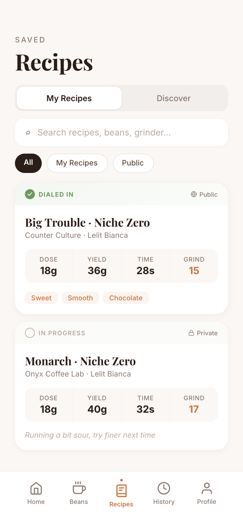 Dialcraft recipes screen showing saved dial-in recipes
